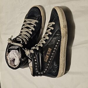 Women's Slide Black Leather Stud High Top Sneaker